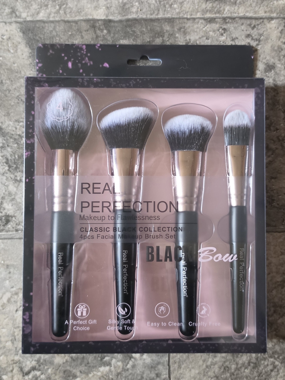 Real Perfection 4-Piece Makeup Brush Set- Black Handles with Gold Ferrules BNIB